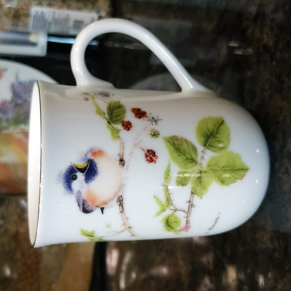 Otagiri Bird on a Raspberry Branch V. Pfeiffer Design Japan Tea Coffee Mug